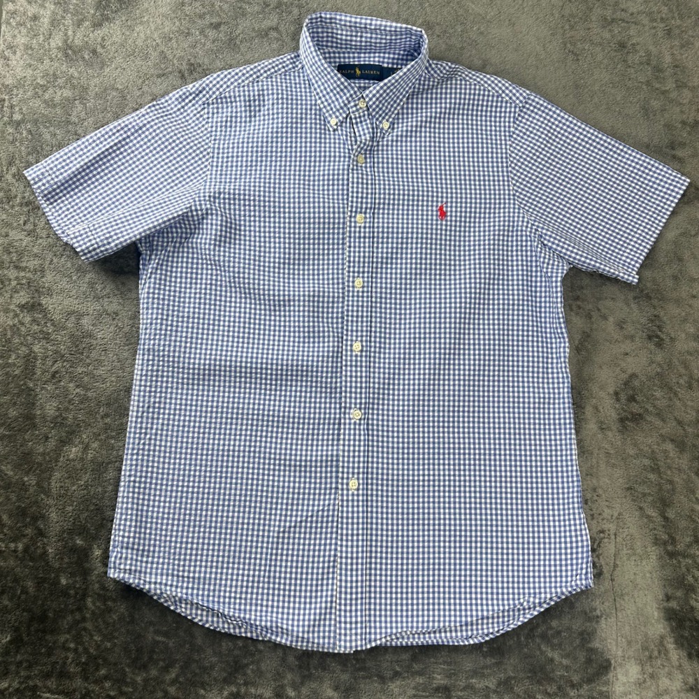 Ralph Lauren Mens Large Blue Gingham Seersucker Short Sleeve Button Down Shirt